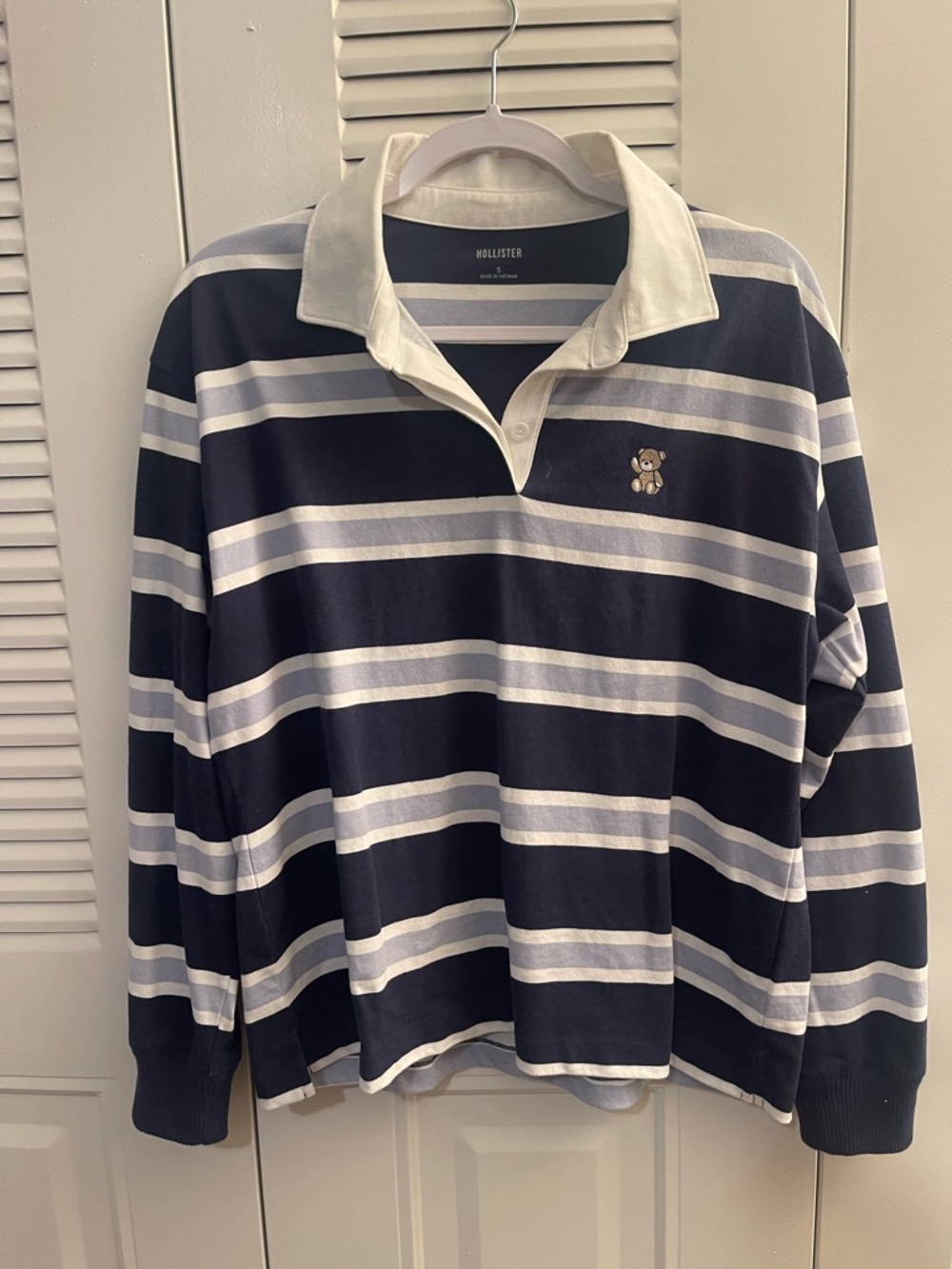 Hollister Navy and White Striped Rugby Polo